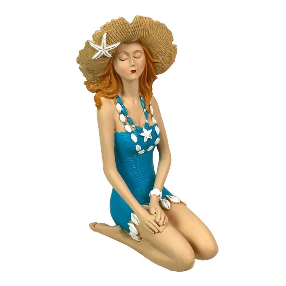 Sitting Beach Girl Figurine Blue Swimsuit Straw Hat Sunbathing 7.75 inch